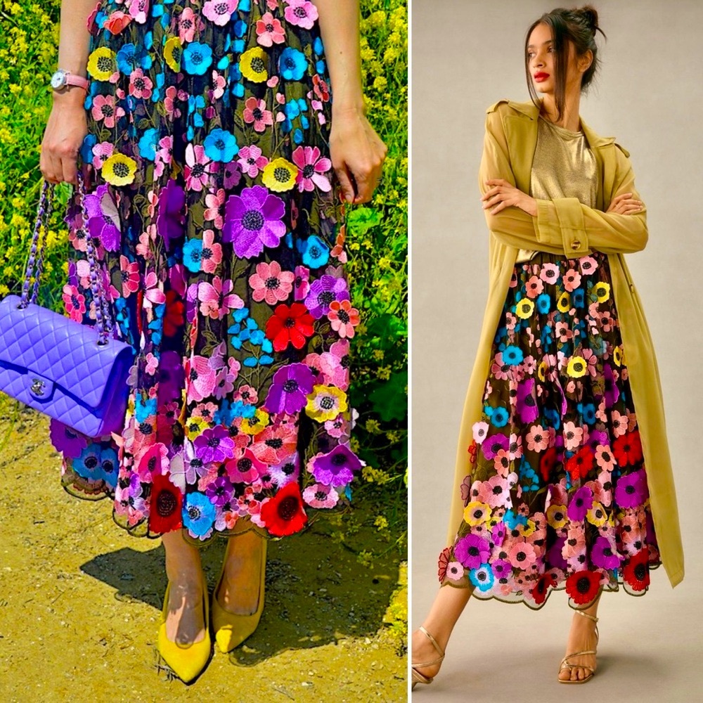 Anthropologie Maeve Floral Applique Embroidered A-line Maxi Skirt Large